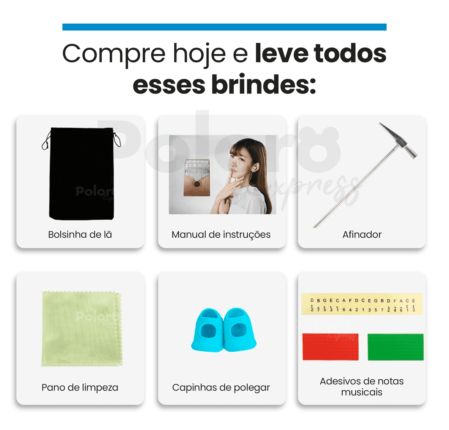 Kalimba Pollo® 17 teclas ergonômica - LEVE 6 BRINDES - poloroexpress
