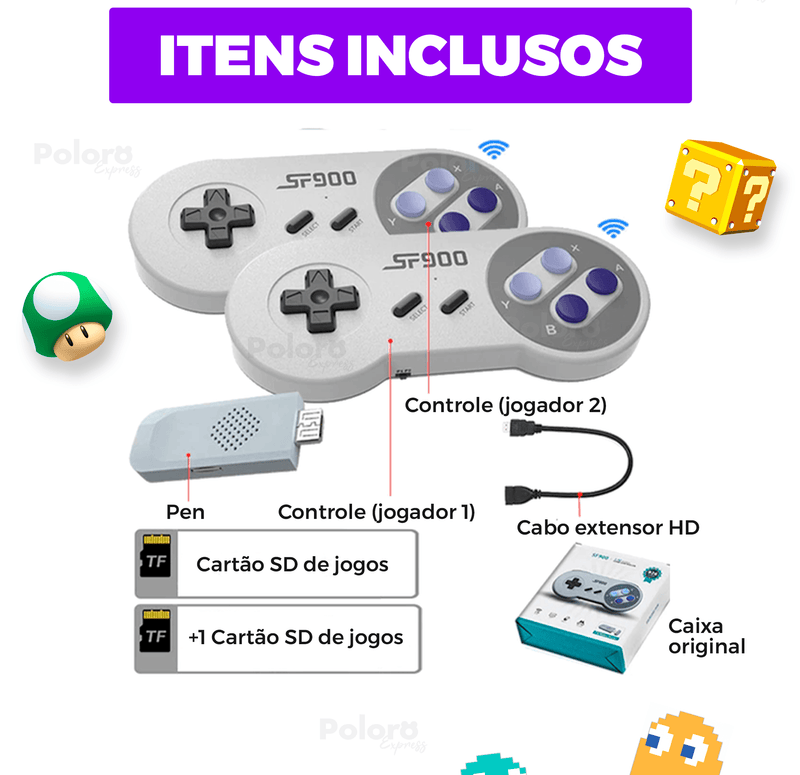 Videogame Retrô Pollo® 4000 Jogos + 2 controles de brinde (Resolução 4